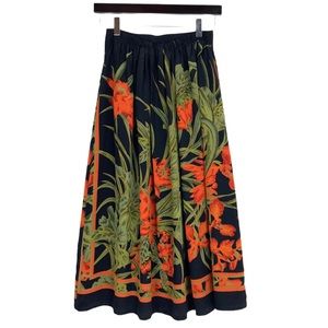 •VINTAGE• Skirt Floral Black Orange Pleated Poly